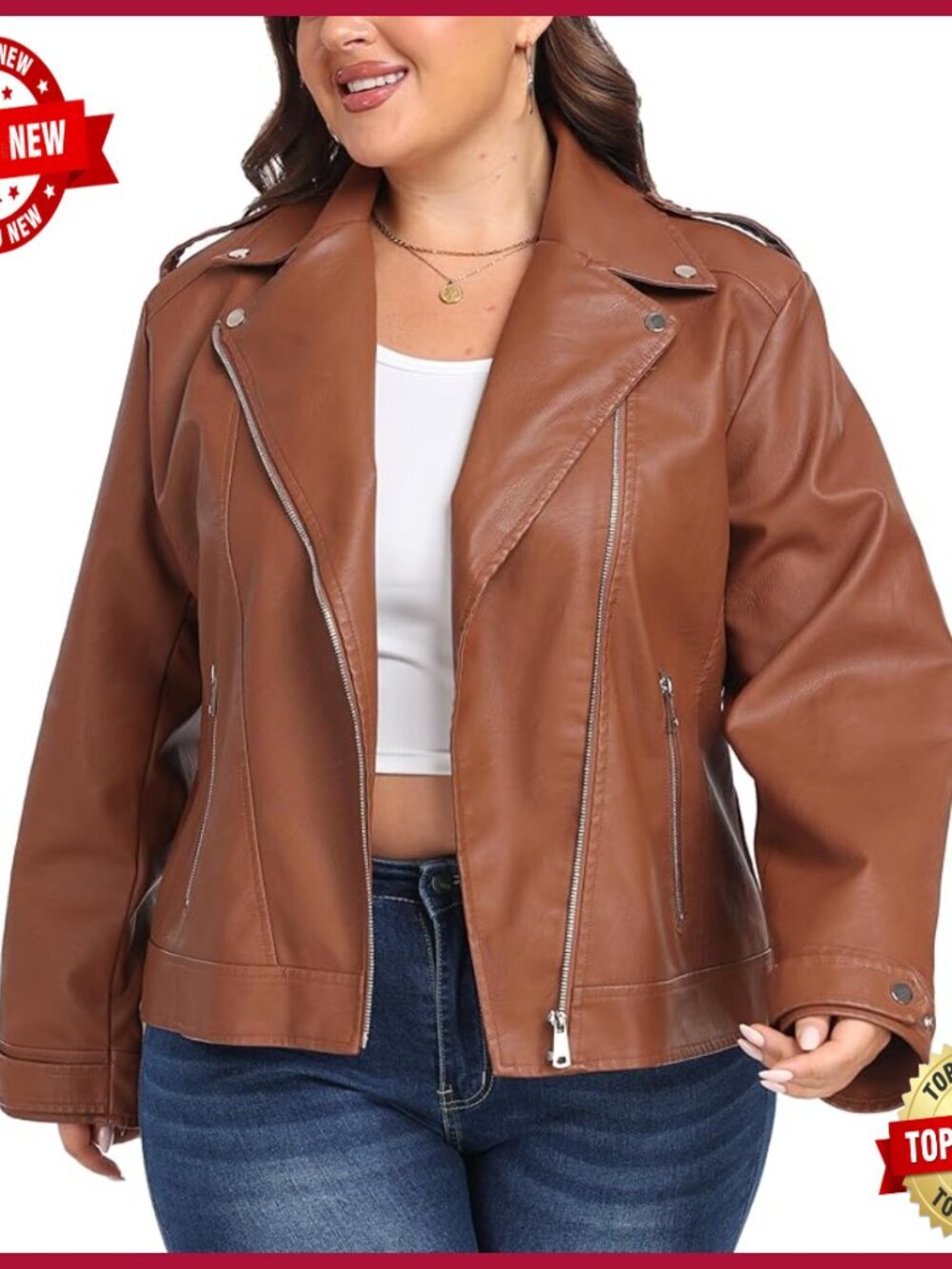 Plus Size Faux Leather Moto Jacket Lapel Collar Slim Fit Biker Coat